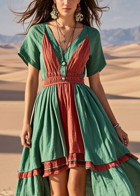 Beautiful Green Asymmetrical Patchwork Cotton Vacation Dresses Summer