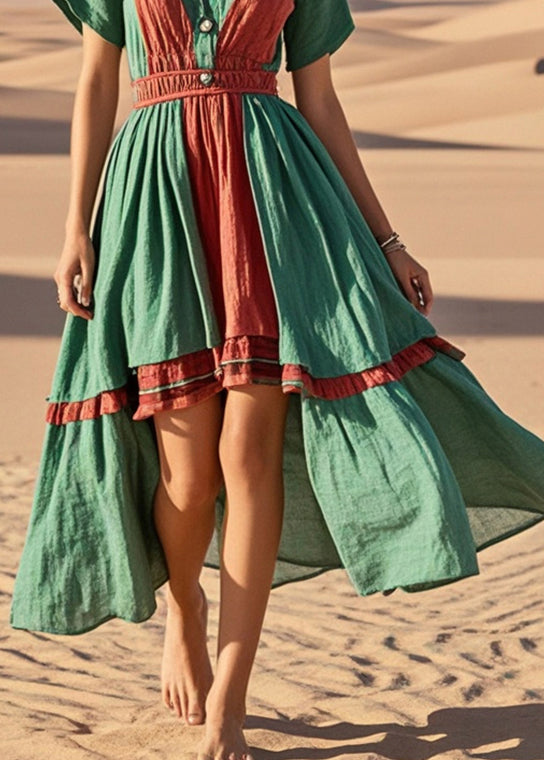 Beautiful Green Asymmetrical Patchwork Cotton Vacation Dresses Summer