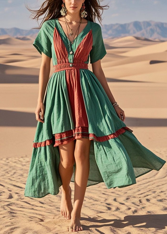 Beautiful Green Asymmetrical Patchwork Cotton Vacation Dresses Summer