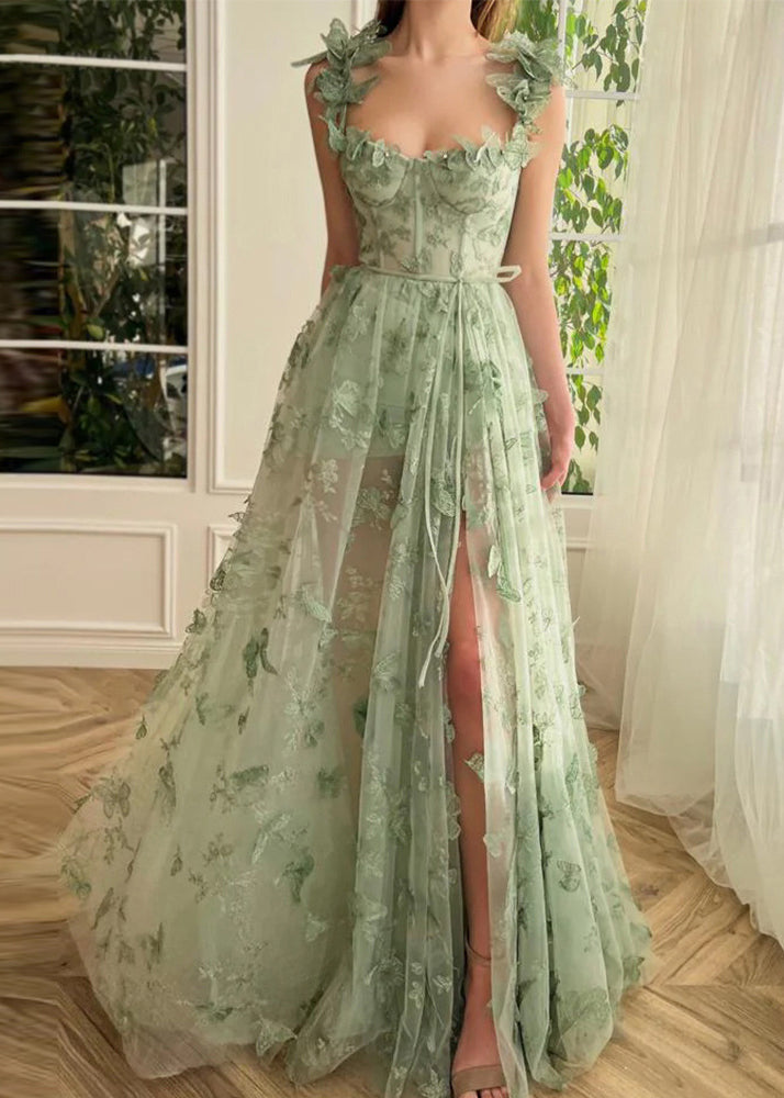 Beautiful Green Butterfly Side Open Tulle Maxi Dresses Sleeveless