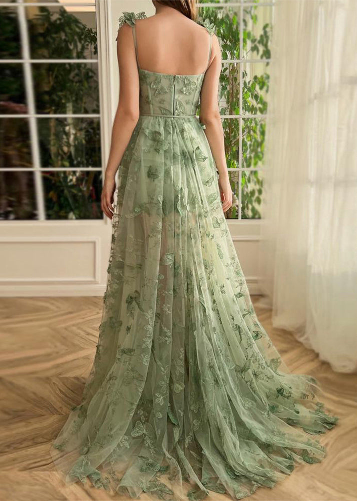 Beautiful Green Butterfly Side Open Tulle Maxi Dresses Sleeveless