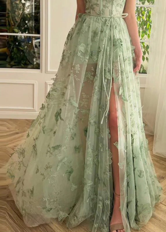 Beautiful Green Butterfly Side Open Tulle Maxi Dresses Sleeveless