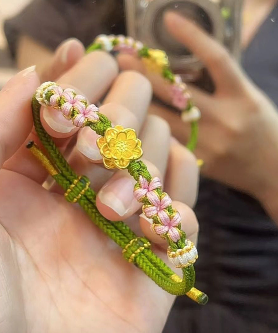 Beautiful Green Handmade Weaving Peach Blossom Lotus Charm Bracelet