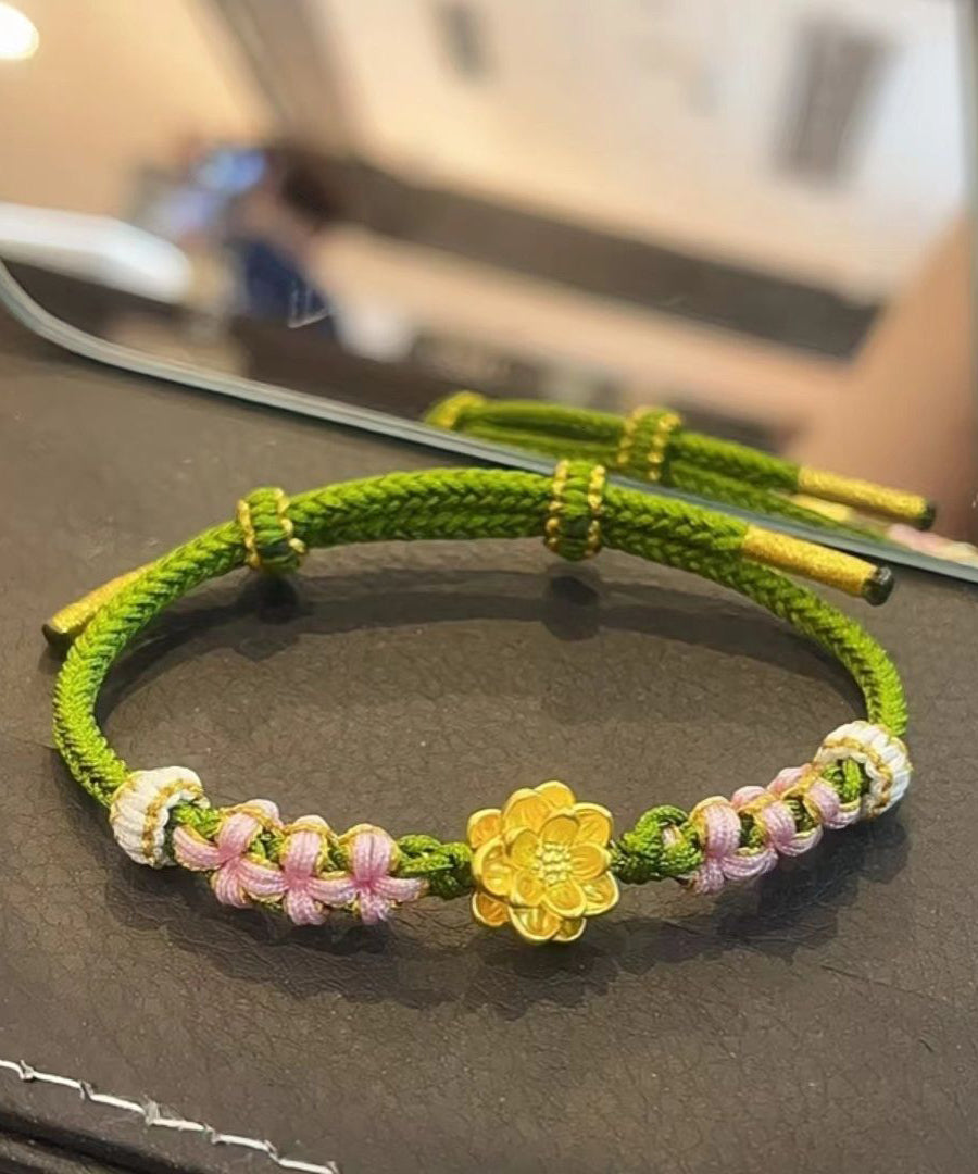 Beautiful Green Handmade Weaving Peach Blossom Lotus Charm Bracelet