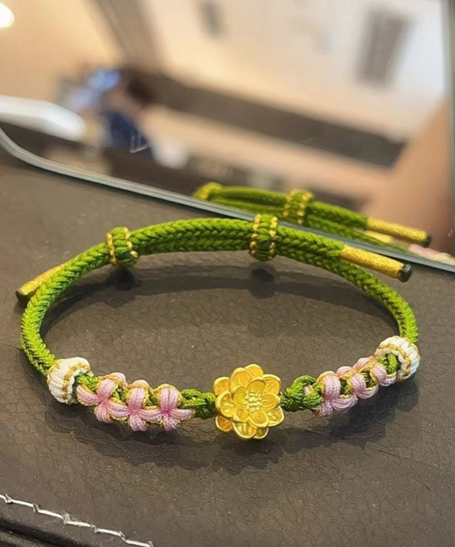 Beautiful Green Handmade Weaving Peach Blossom Lotus Charm Bracelet