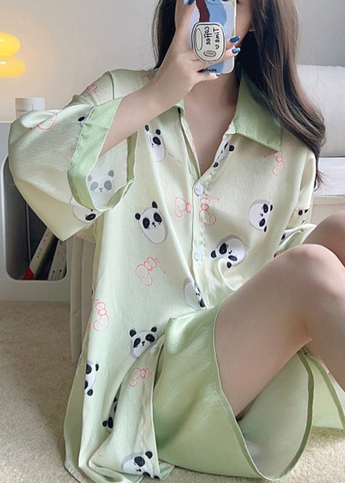 Beautiful Green Print Shirts And Shorts Ice Silk Pajamas Two Pieces Set Spring