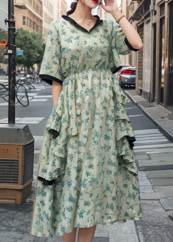 Beautiful Green Ruffled Pockets Cotton Dresses Summer