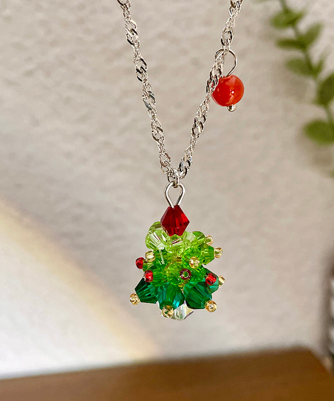 Beautiful Green Stainless Steel Crystal Christmas Tree Pendant Necklace