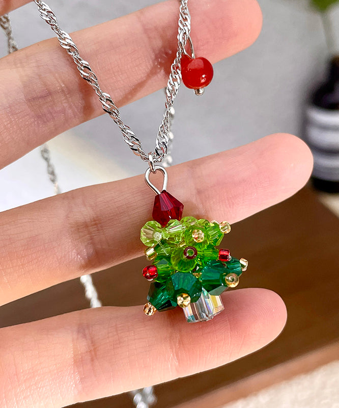 Beautiful Green Stainless Steel Crystal Christmas Tree Pendant Necklace