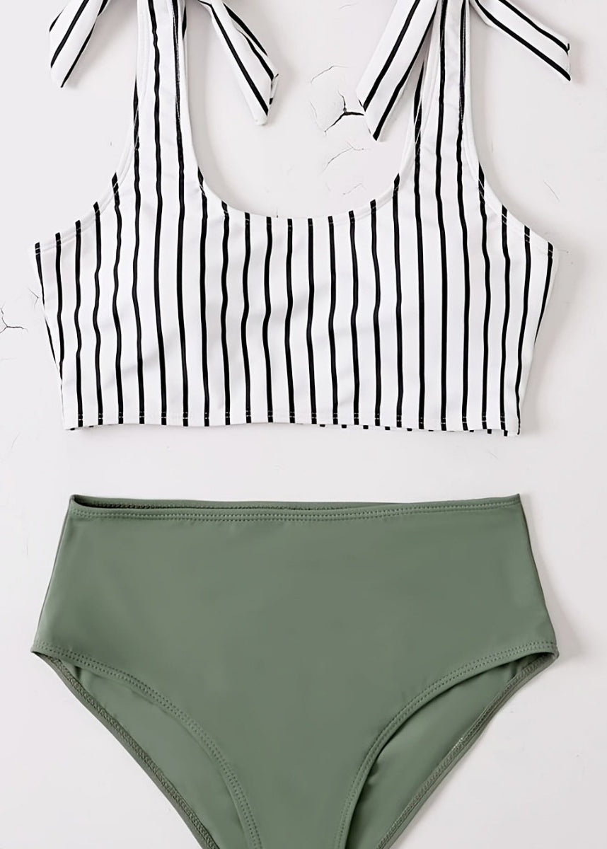 Beautiful Green Striped High Waist Beach Swimwear Set