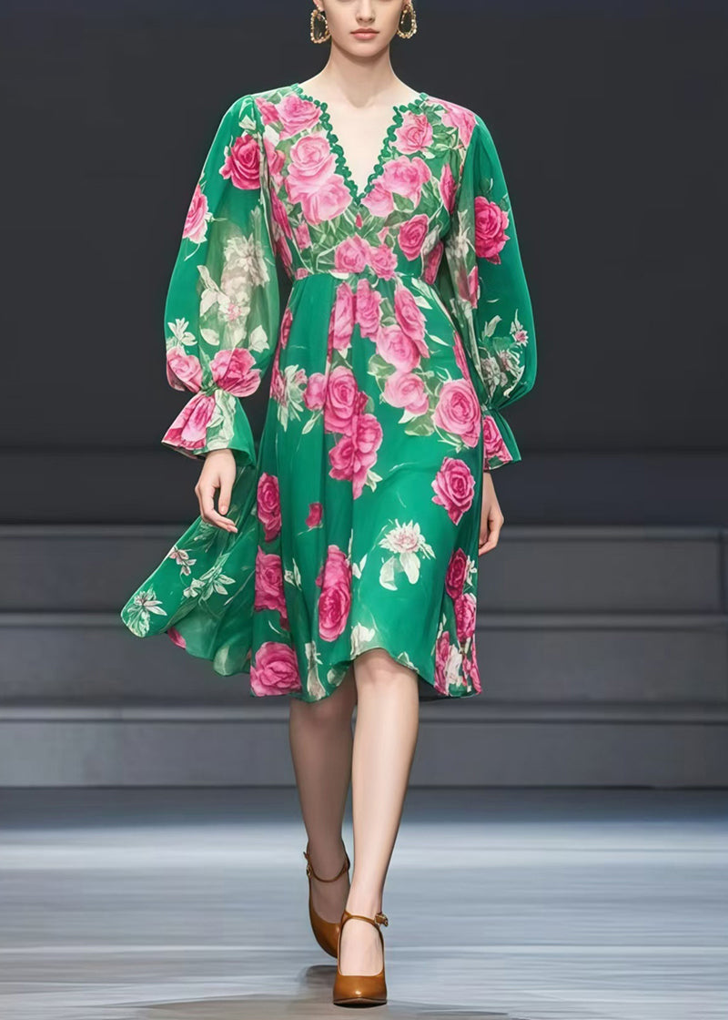 Beautiful Green V Neck Floral Print Chiffon Tea Dress Fall