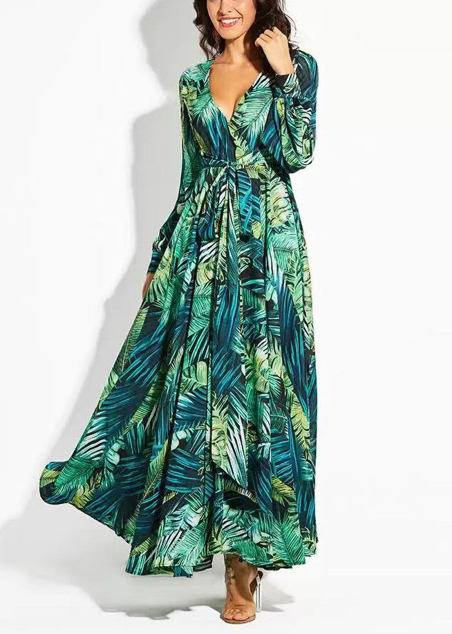 Beautiful Green V Neck Print Lace Up Cotton Maxi Dresses Spring