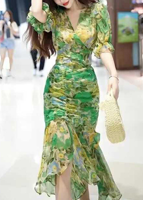 Beautiful Green V Neck Print Patchwork Chiffon Long Dress Summer