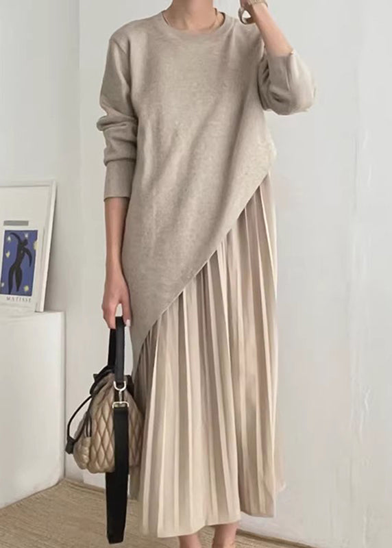 Beautiful Khaki Asymmetrical Wrinkled Knit Dress Two Piece Set Spring