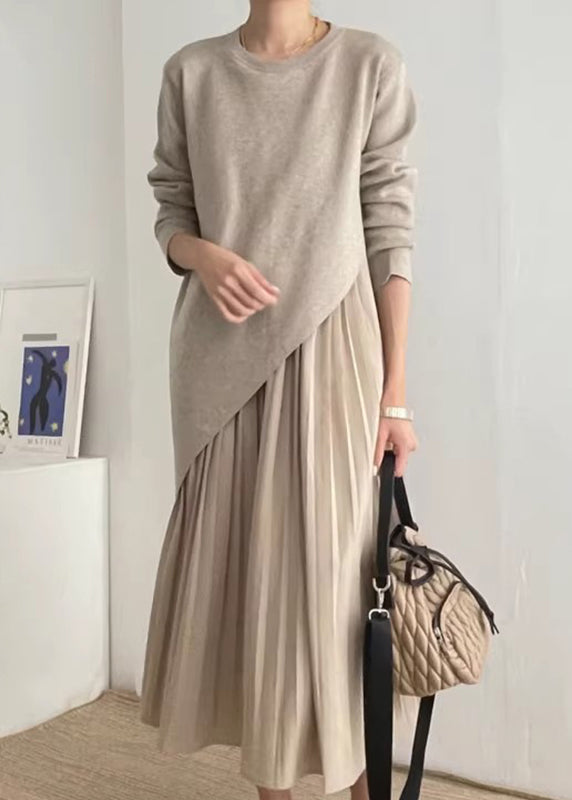 Beautiful Khaki Asymmetrical Wrinkled Knit Dress Two Piece Set Spring