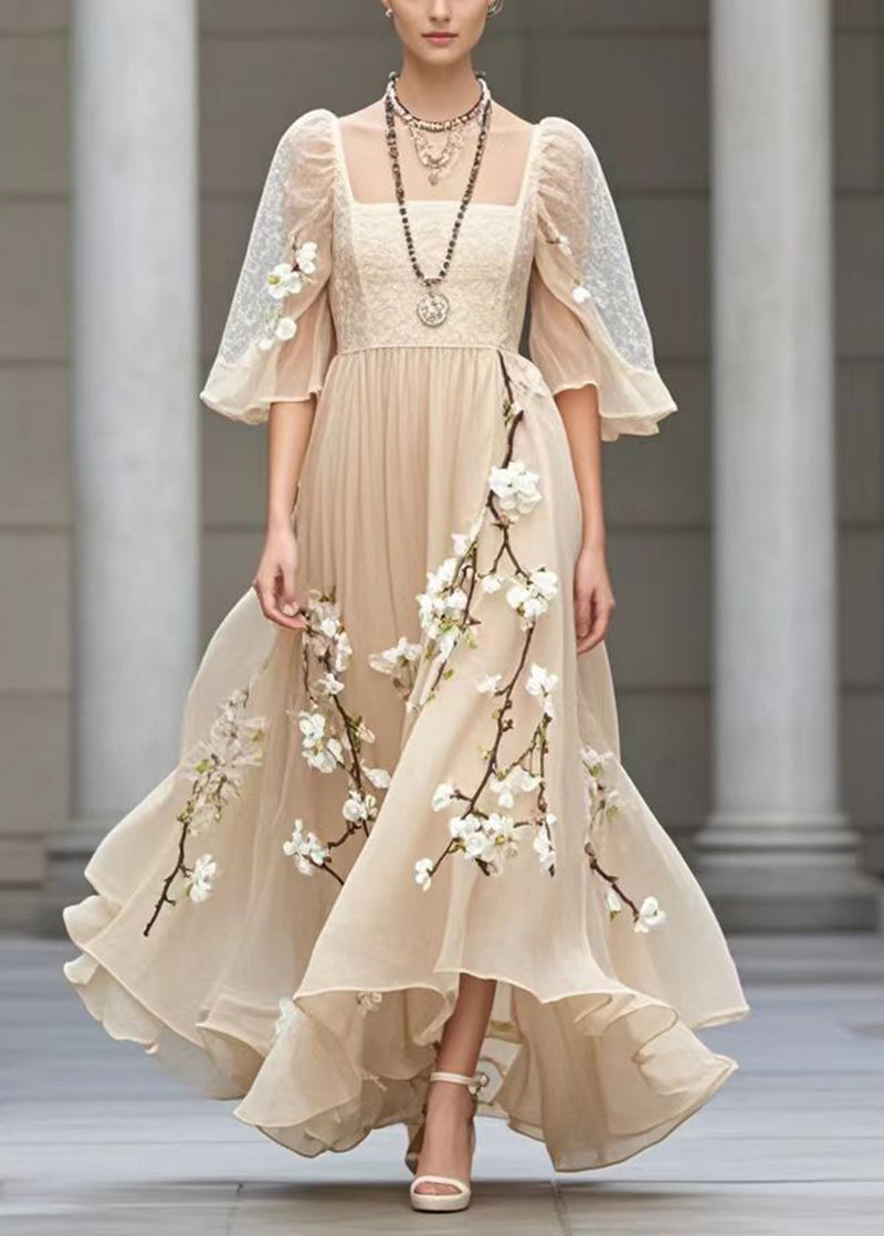 Beautiful Khaki Puff Sleeve Three-dimensional Plum Blossom Chiffon Sundress