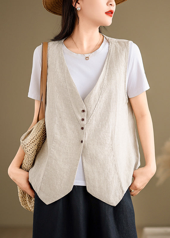 Beautiful Khaki V Neck Button Cotton Vest Tops Sleeveless