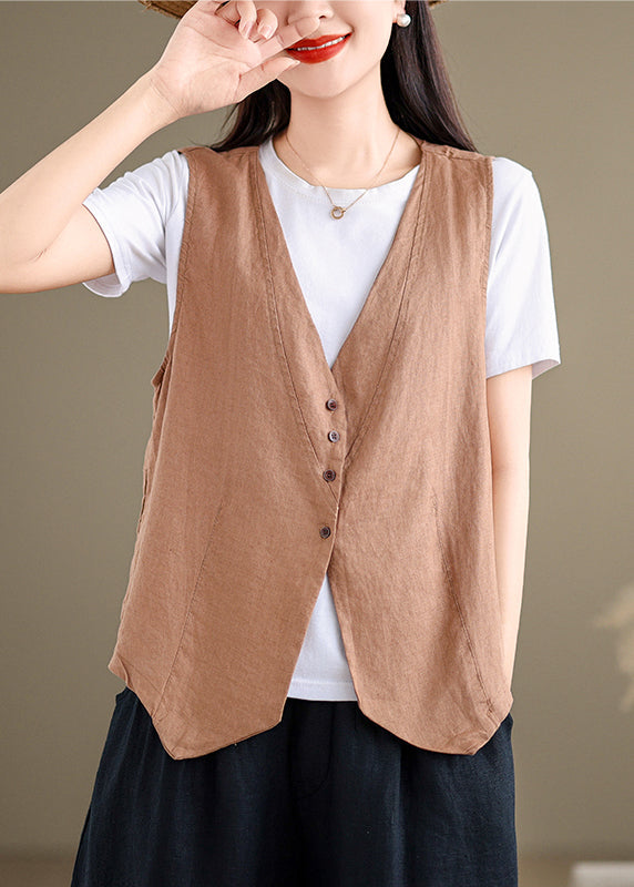 Beautiful Khaki V Neck Button Cotton Vest Tops Sleeveless