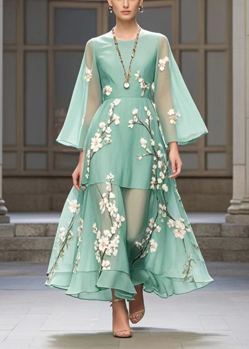 Beautiful Lake Green Plum Blossom Print Chiffon Party Dress Fall