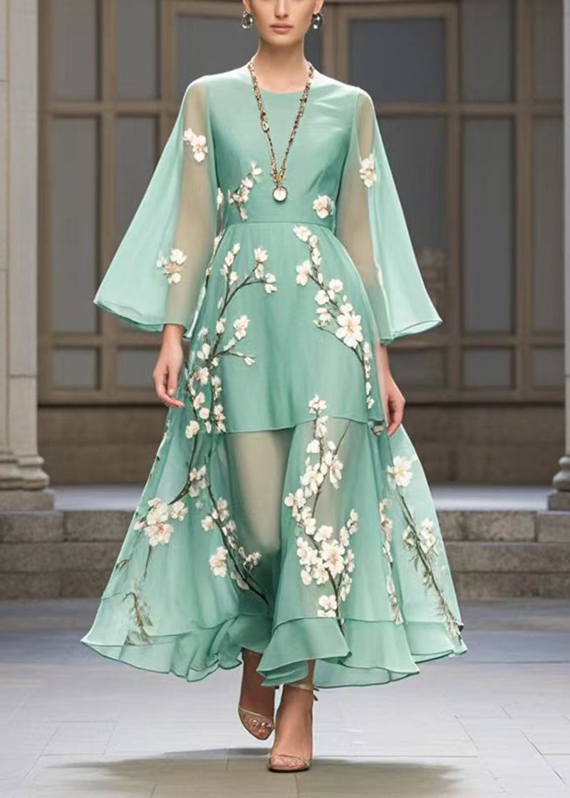 Beautiful Lake Green Plum Blossom Print Chiffon Party Dress Fall