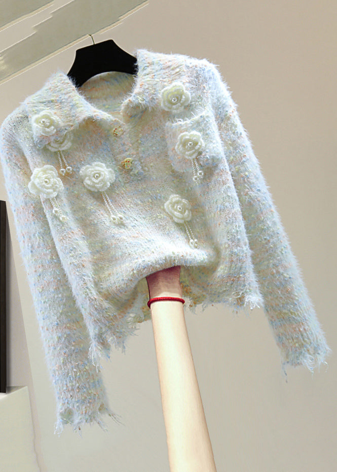 Beautiful Light Blue Peter Pan Collar Floral Tassel Thick Cotton Knitted Sweater Winter