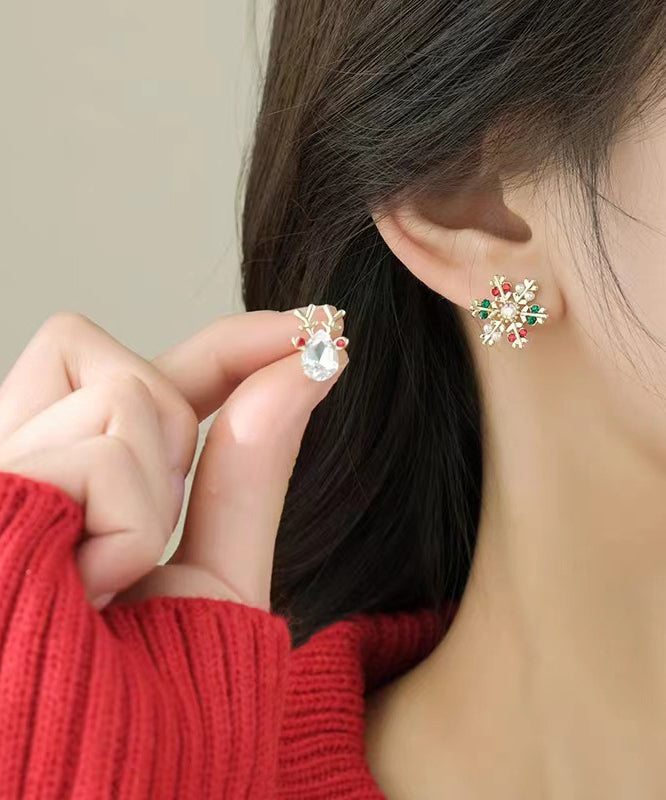 Beautiful Multicolor Sterling Silver Overgild Asymmetric Crystal Snowflake Pronghorn Stud Earrings