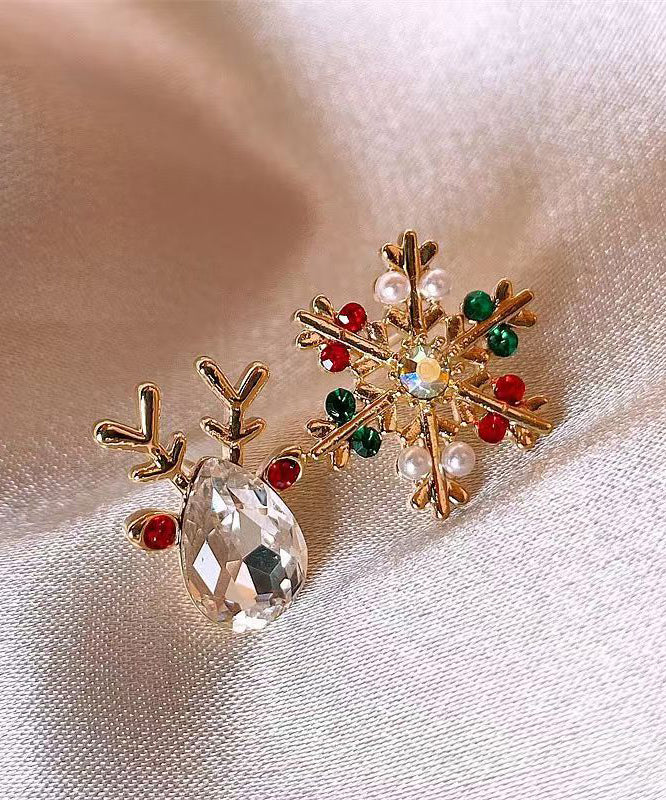 Beautiful Multicolor Sterling Silver Overgild Asymmetric Crystal Snowflake Pronghorn Stud Earrings