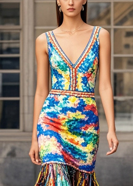 Beautiful Multicolou Print Knit Dresses Tasseled Summer