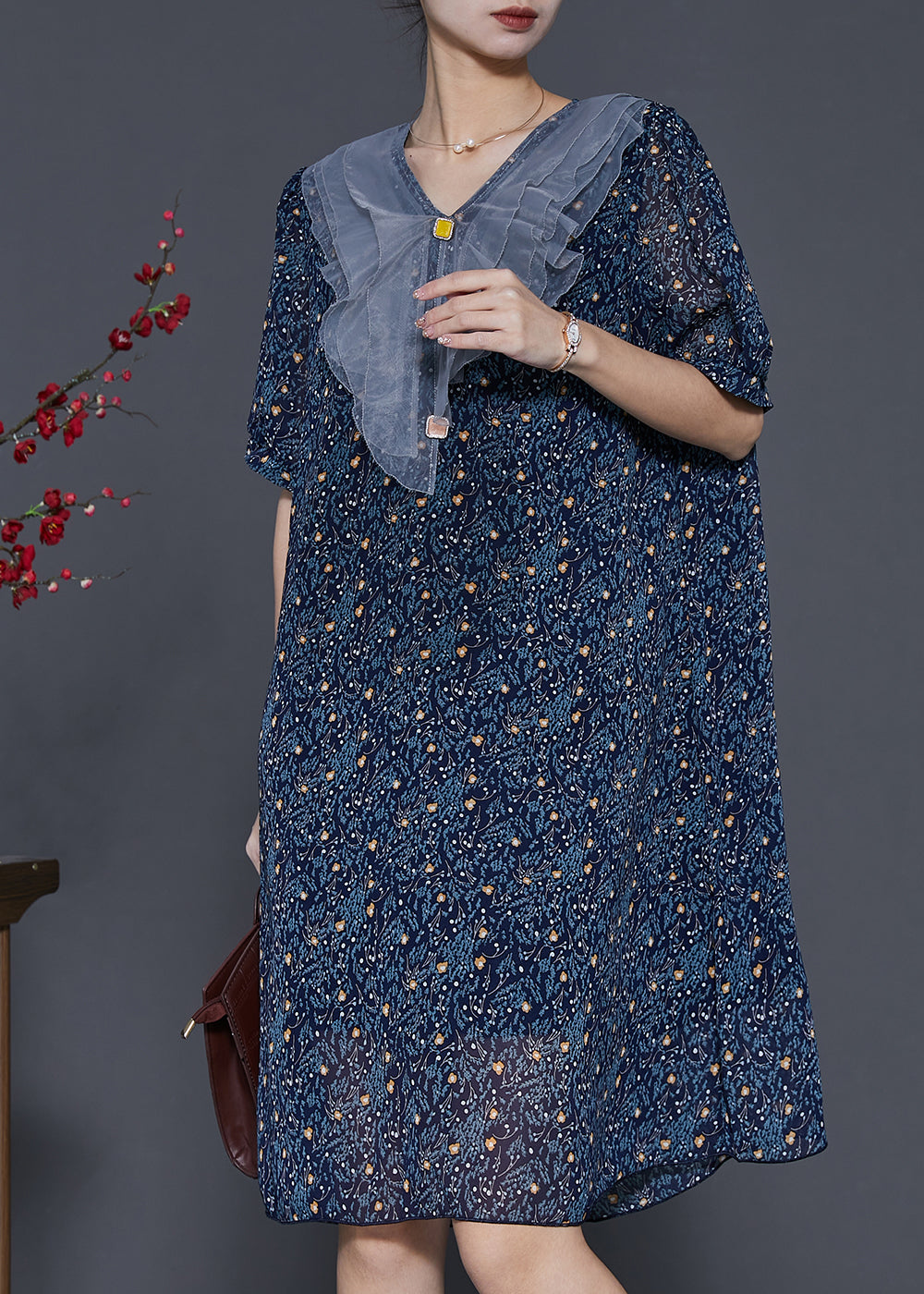 Beautiful Navy Peter Pan Collar Print Chiffon Maxi Dresses Summer