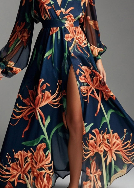 Beautiful Navy V Neck Print Chiffon Beach Dresses Fall