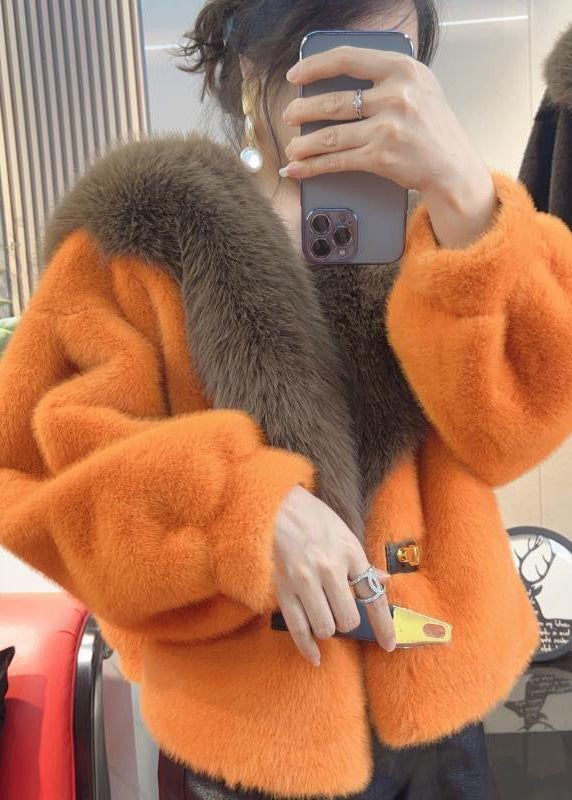 Beautiful Orange Fur Collar Leather And Fur Coats Winter