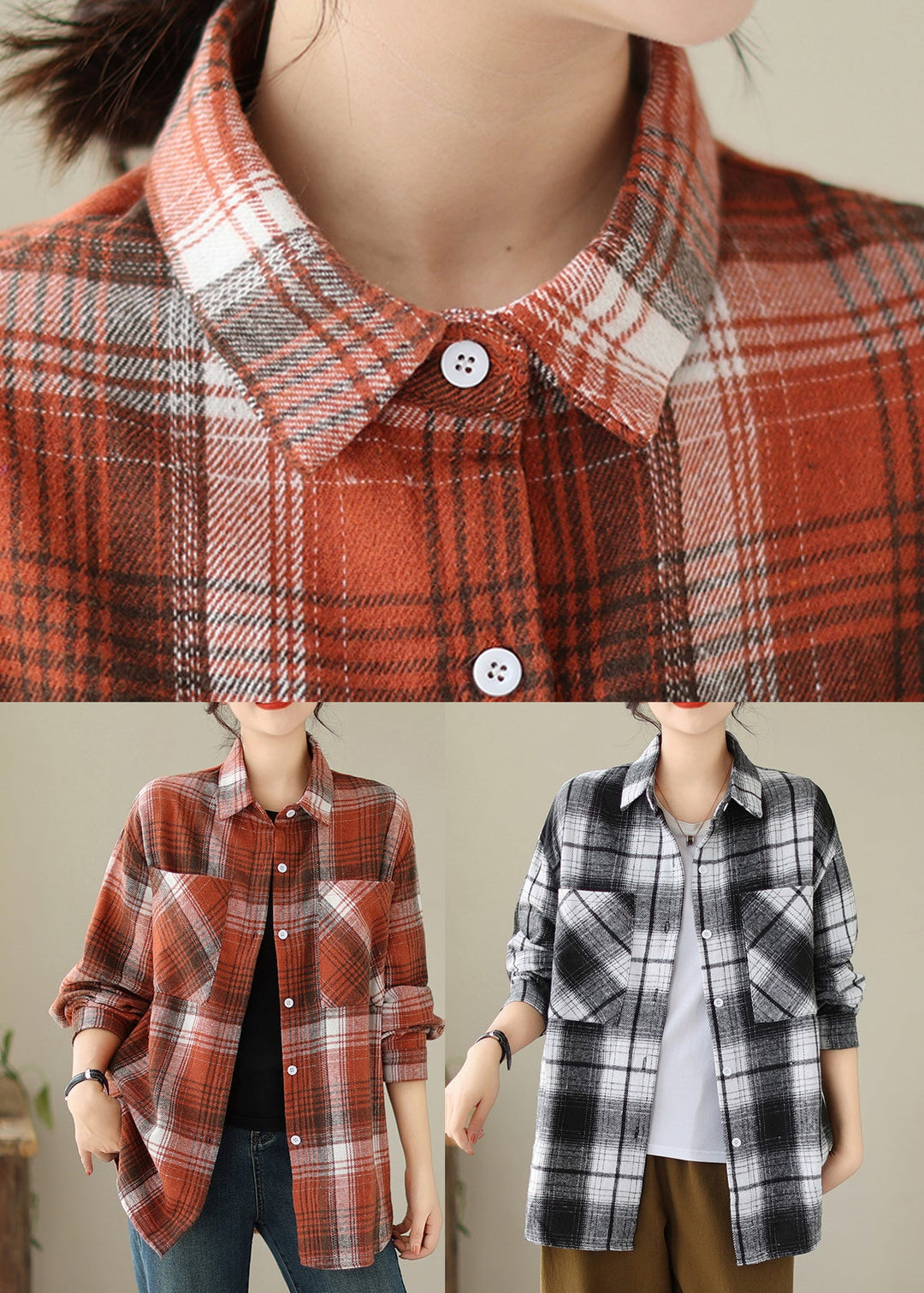 Beautiful Orange Peter Pan Collar Pockets Plaid Cotton Coat Fall