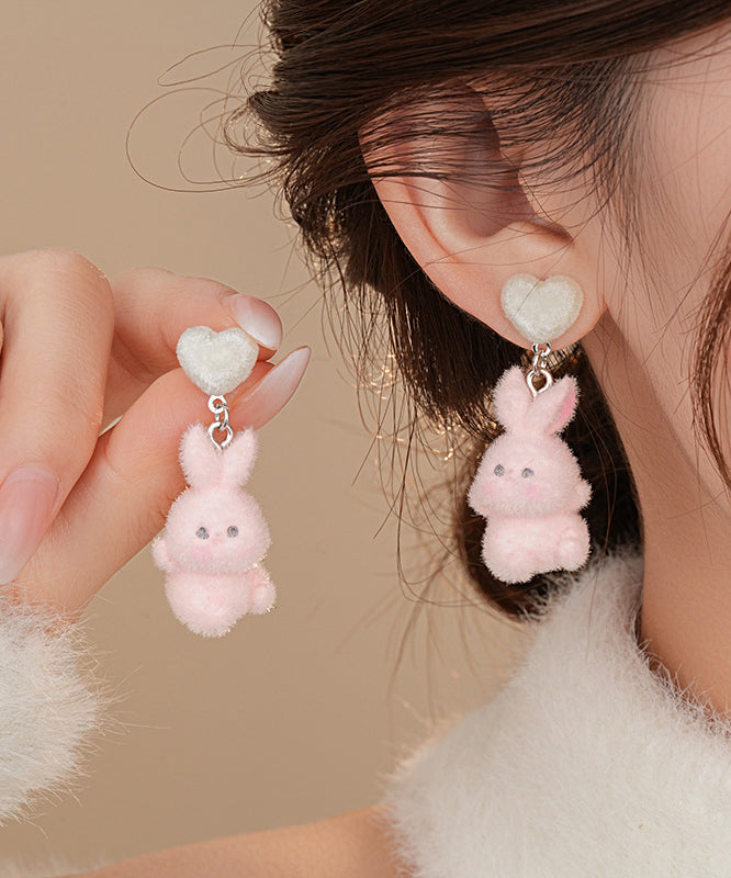 Beautiful Pink Alloy Fuzzy Fur Fluffy Love Little Rabbit Drop Earrings