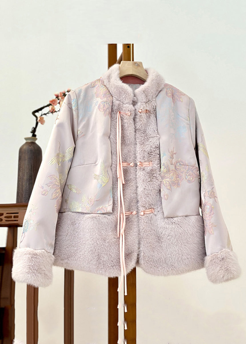 Beautiful Pink Fur Collar Print Patchwork Parka Winter