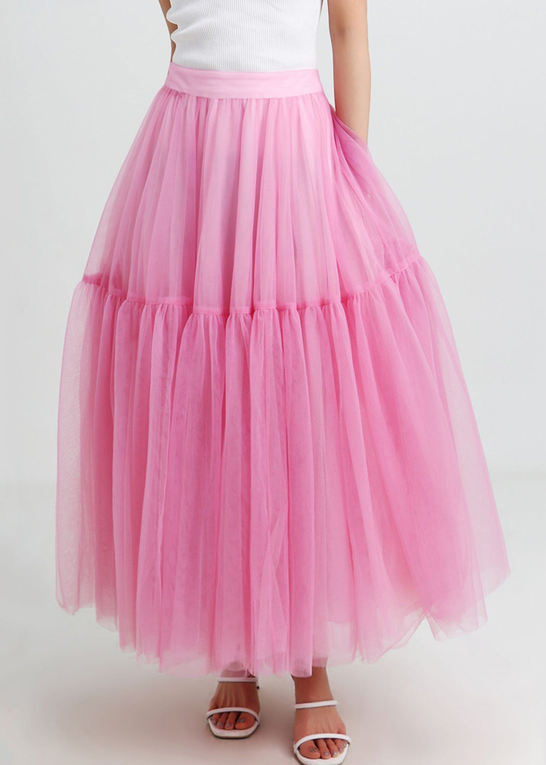 Beautiful Pink High Waist Patchwork Tulle Pleated Skirt Summer