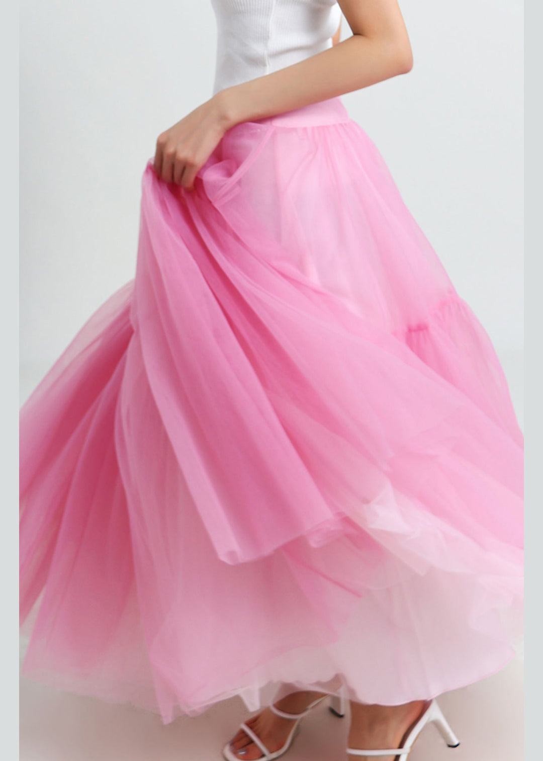 Beautiful Pink High Waist Patchwork Tulle Pleated Skirt Summer