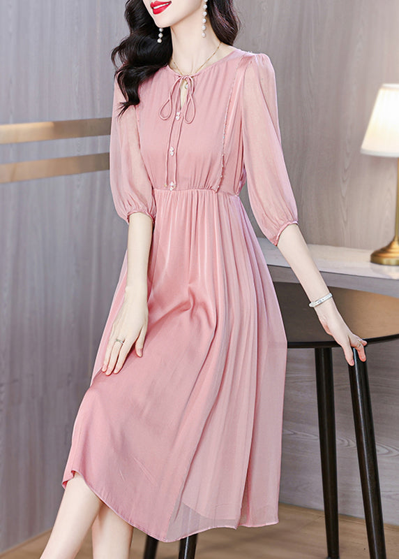 Beautiful Pink Lace Up Wrinkled Chiffon Dress Summer