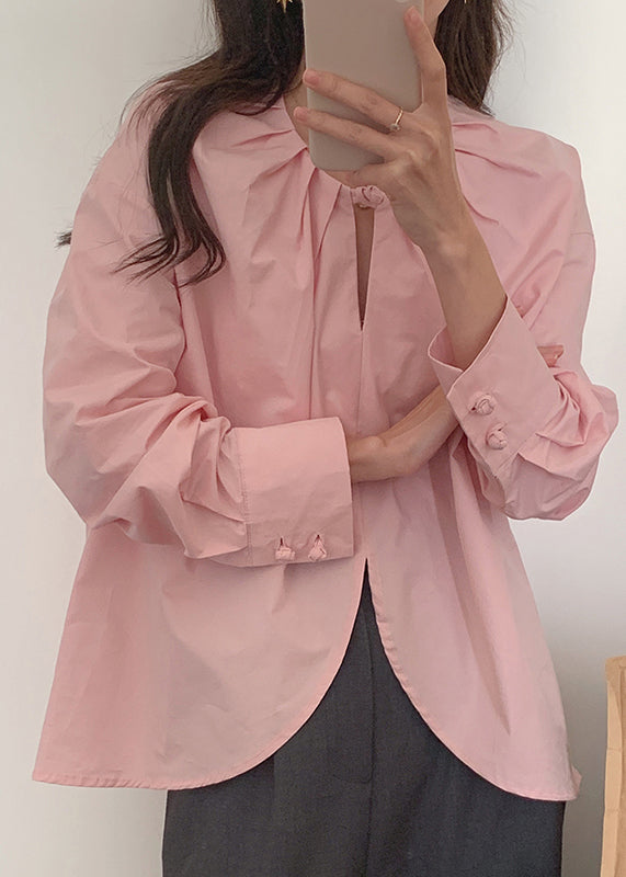 Beautiful Pink O-Neck Chinese Button Cotton Shirt Top Spring