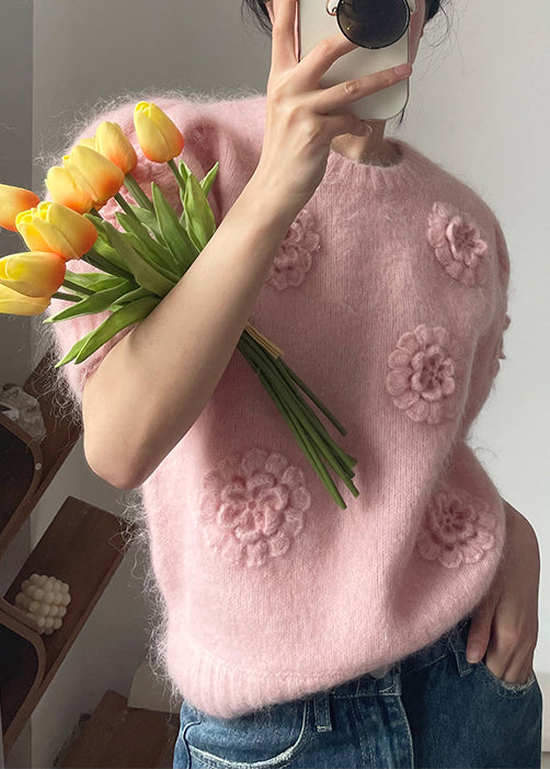 Beautiful Pink O Neck Floral Solid Knit Sweater Short Sleeve