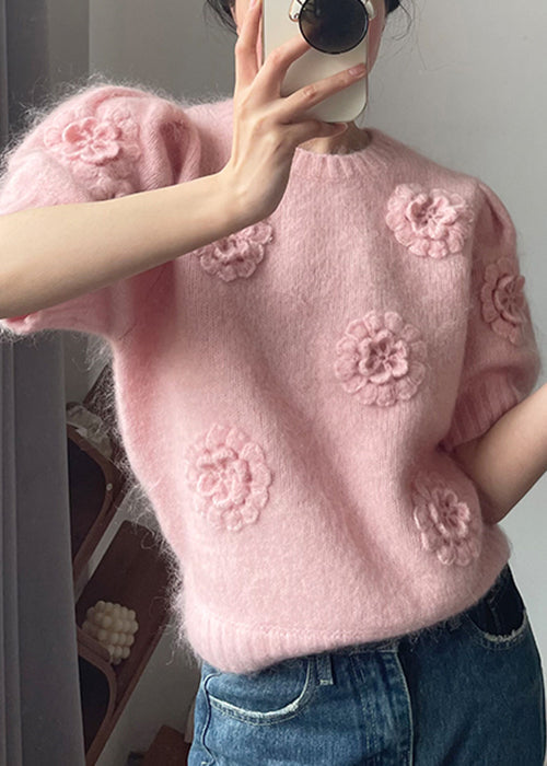 Beautiful Pink O Neck Floral Solid Knit Sweater Short Sleeve