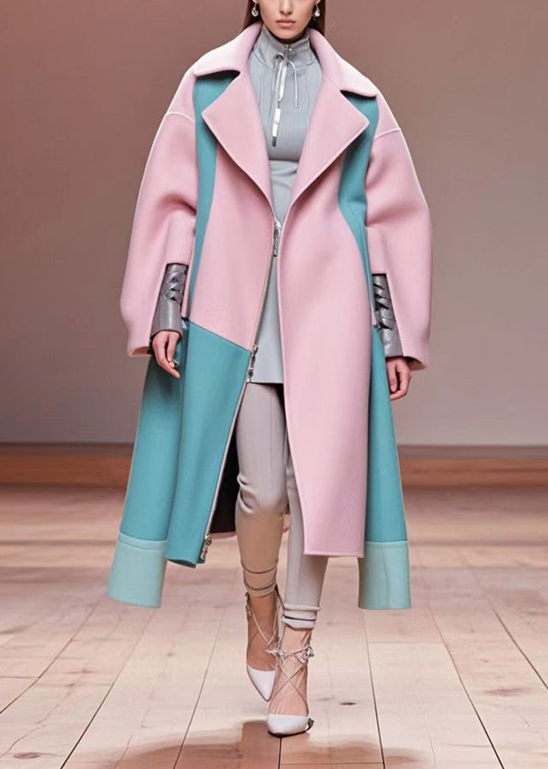 Beautiful Pink Oversized Patchwork Woolen Coat Outwear Fall