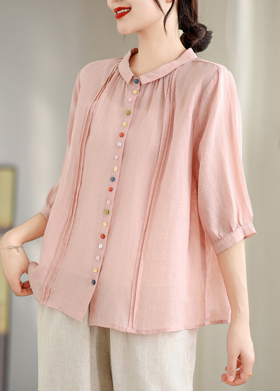 Beautiful Pink Peter Pan Collar Cotton Shirt Top Half Sleeve