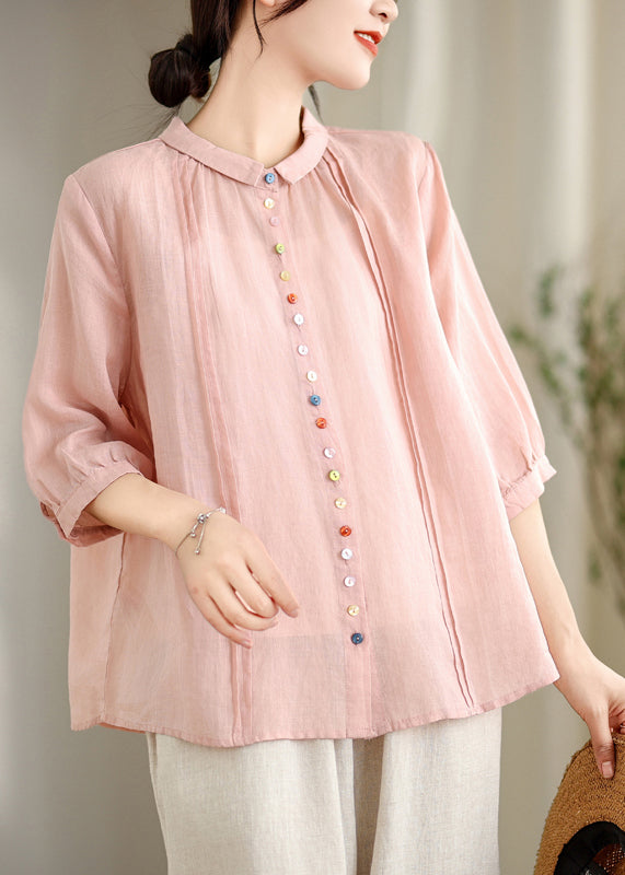 Beautiful Pink Peter Pan Collar Cotton Shirt Top Half Sleeve