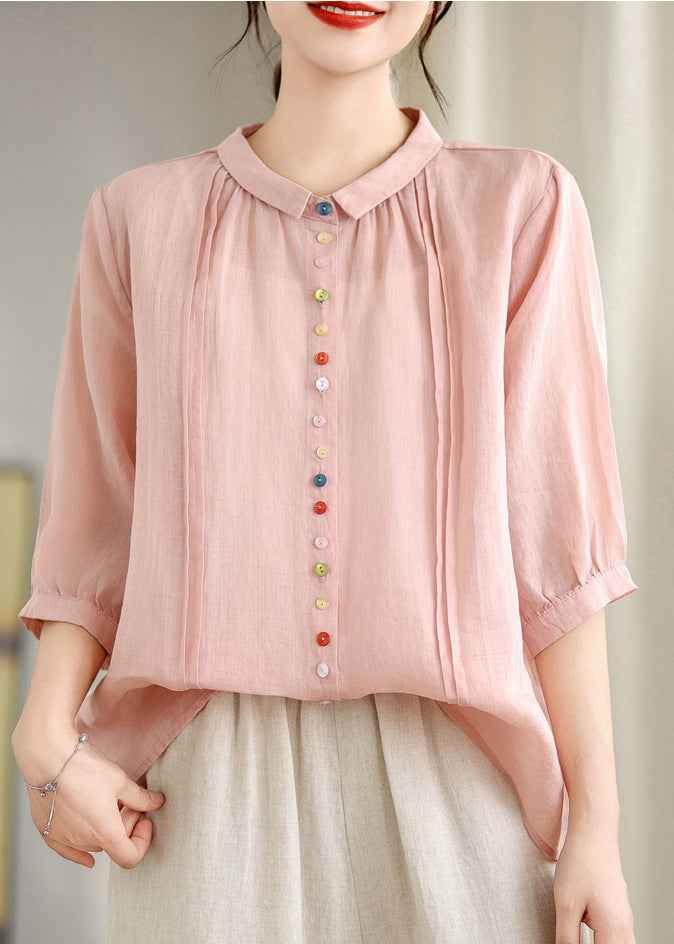 Beautiful Pink Peter Pan Collar Cotton Shirt Top Half Sleeve