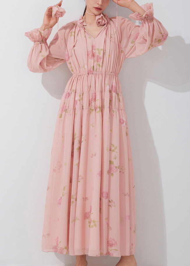 Beautiful Pink Ruffled Print Lace Up Chiffon Dress Fall