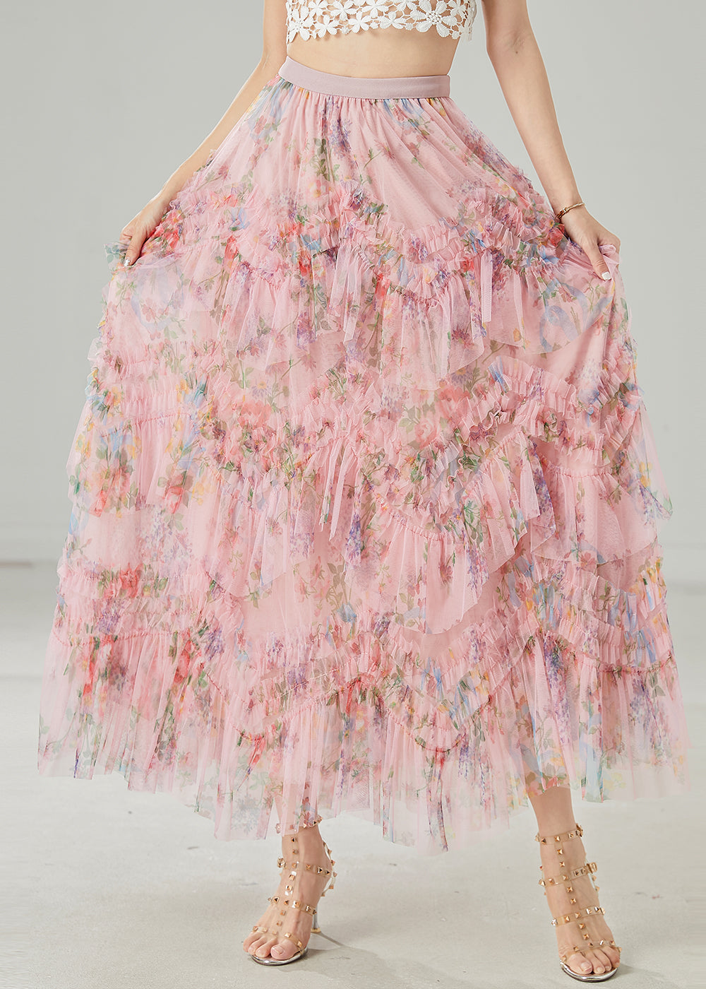 Beautiful Pink Ruffled Print Tulle Holiday Skirt Summer