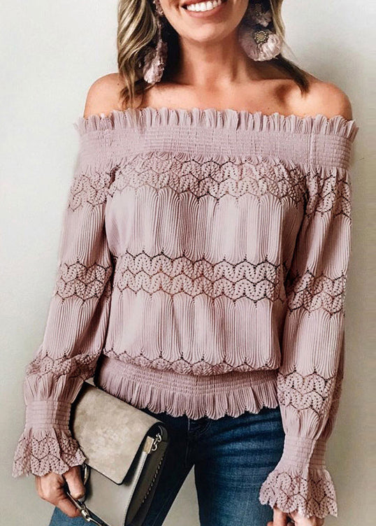 Beautiful Pink Slash Neck Ruffled Lace Blouse Tops Summer