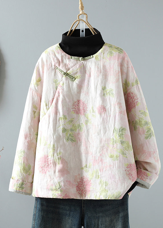 Beautiful Pink Stand Collar Patchwork Print Fine Cotton Filled Oriental Coats In Winter