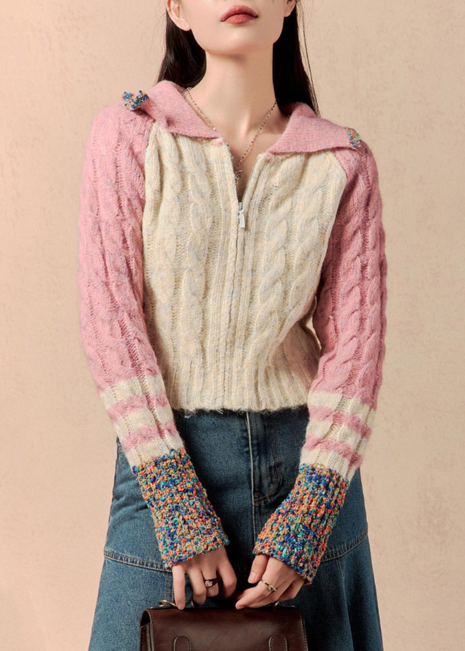 Beautiful Pink Zip Up Patchwork Knit Sweaters Winter