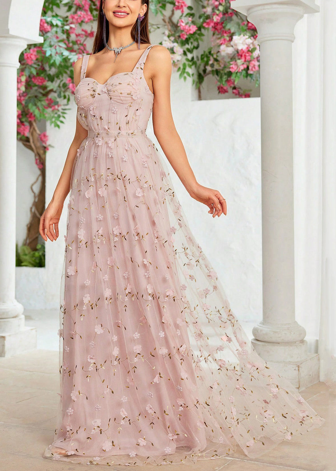 Beautiful Pink Zippered Backless Tulle Spaghetti Strap Dress Sleeveless